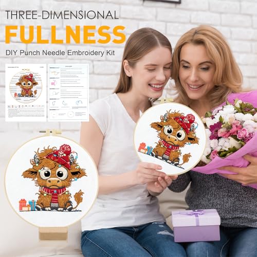 Christmas Highland Cow Embroidery Kit for Beginners Adults Easy Embroidery Starter Kit Highland Cow Christmas Hat Cross Stitch Kits Embroiderys Hoop Needlepoint Kits with Instruction Needles Thread - color: Christmas Highland Cow