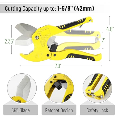 Bates- PVC Pipe Cutter, Cuts up to 1-5/8", Ratchet Pipe Cutter, PEX Cutting Tool for Cutting PEX, PVC, PPR Plastic Hoses and Plumbing Pipes, Black & Yellow - color: Black & Yellow