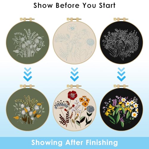 ERKOON 3 Sets Embroidery Kit, Floral Cross Stitch Set for Include Embroidery Cloth Hoops Threads for Craft Lover Hand Stitch (Plants & Flowers) - color: Plants & Flowers