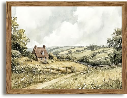 Framed Vintage Canvas Wall Art, Cottage Landscape Wall Decor Paintings, Rustic Farmhouse Pictures Prints Aesthetic Home Decor for Living Room Bedroom Bathroom 12x16 inch - color: Country Path, size: 16"L x 12"W