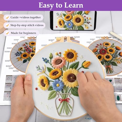 Uniartfy 3 Sets Sunflower Embroidery Kits for Beginners, Needlepoint Kits for Adults, Cross Stitch Kit with Cloth, Hoop, Threads and Instruction, Easy to Learn Embroidery Starter Kit for Craft Lover - color: Embroidery Kit-K