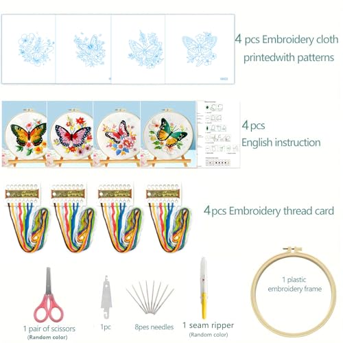 Zhenqing Butterfly Embroidery Kit 11.4x11.4 Inch - Complete Embroidery Set with Fabric, Threads, Needles & Hoop - Beginner-Friendly DIY Craft Kit for Adults (C0040) - color: C0040
