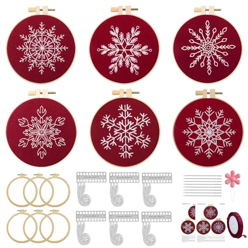 6 Sets Christmas Embroidery kit for Beginners Adults, Antique Red Christmas Ornament Kit Snowflakes Needlepoint Cross Stitch Kits with Patterns, Stitch Learning Kit with Needles Ropes Ribbon-Red - color: Red