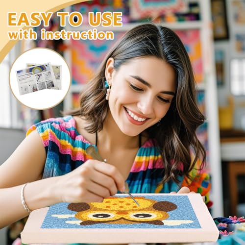 Doodlream Owl Bird DIY Punch Needle Embroidery Kit for Adult Beginner, 9.4" Cartoon Animal Punch Stitching Craft Set for Starter with Frame, Fabric Pattern, Threader, Yarn, Pinch Needle - color: Owl