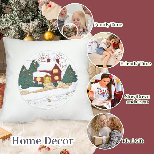 FONNUY Christmas Embroidery Kit for Beginners, Throw Pillow Case Cross Stitch Set Winter Snow House Holly Tree Pattern for Adults, Hand Works Crafts Throw Pillow Cover, 18 x 18'' (Green) - color: Green