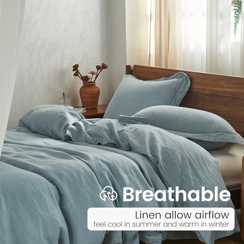 Simple&Opulence 100% French Linen Pillowcases with Embroidery – Pack of 2, Washed Solid Color Natural Flax, Soft & Breathable - Dusty Blue, 20'' x 36'' - color: Dusty Blue, size: King