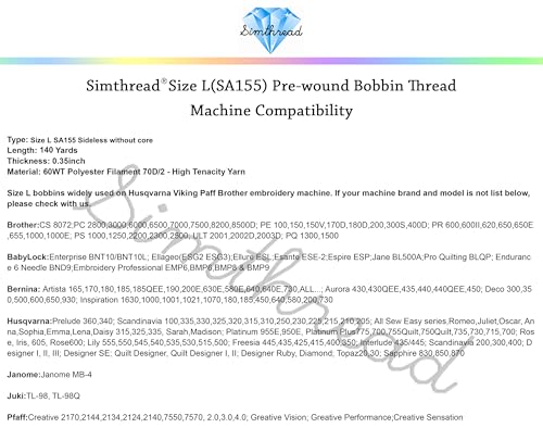 Simthread 144pcs Size L SA155 60WT Prewound Bobbin Thread - Sideless White - color: 60wt 144Sideless