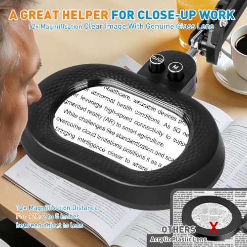 Magnifying Glass with Light and Clamp, 5in 12X Extended Arm - size: 5IN