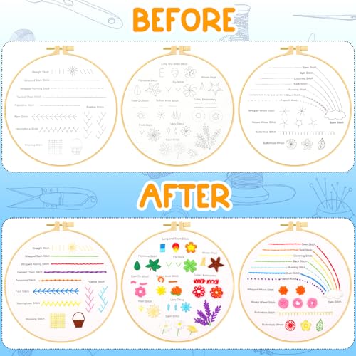 Ponpon 3 Sets Embroidery Kit for Beginners, Embroidery Kit for Adults with Follow Instruction, Cross Stitch Kits with Wooden Embroidery Hoops (Stlye F) - style: Stlye F