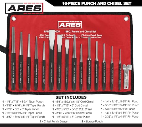 ARES 50005-16-Piece Punch and Chisel Set - Tapered, Pin, Center Punches & Cold Chisels for Various Applications - size: 16-Piece Punch and Chisel Set