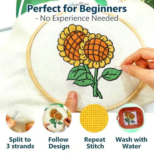 Zhenqing 6 Pack Flower Stamped Cross Stitch Kit for Beginners, 11CT Printed 16 x 16 cm Floral Patterns with Hoop and Tools, Sunflower Iris Calla Lily Primrose Tulip Carnation DIY Embroidery Set - color: 6 Pack Flower