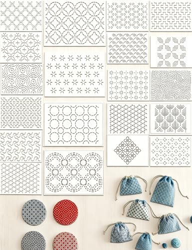 20 PCS Sashiko Templates Plastic Sashiko Stencils 8.3 x 5.9 Inch Geometric Sashiko Patterns Embroidery Sashiko Kit for Crafts Reusable and Hand Quilting Sewing