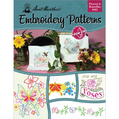 Aunt Martha's 402 Flowers and Butterflies Embroidery Transfer Pattern Book, Over 25 Iron On Patterns - size: 8.5 x 11 inches, style: Butterflies