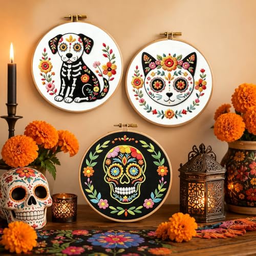 Nuberlic 3 Pack Sugar Skull Embroidery Kit for Beginners, Day of the Dead - color: Day of the Dead