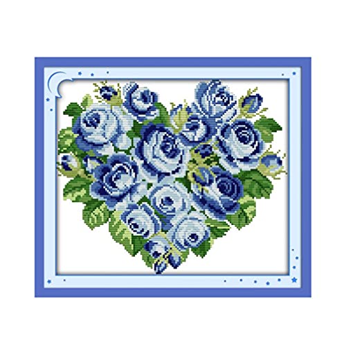 CaptainCrafts Cross Stitch Kits, Counted Cross Stitch Kit Unprinted 14CT Fabric Cross Stitching DIY Art DMC Needlecrafts Embroidery Kit for Adults Beginner (White, Blue Rose Flowers Heart) - color: Blue Rose Flowers Heart, style: White