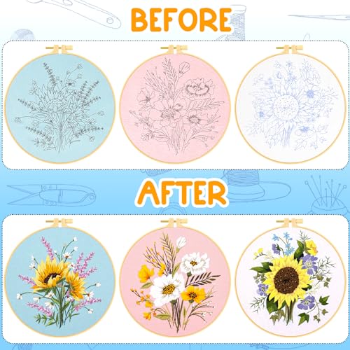 Ponpon 3 Sets Embroidery Kit for Beginners, Embroidery Kit for Adults with Follow Instruction, Cross Stitch Kits with Wooden Embroidery Hoops (Stlye A) - style: Stlye A