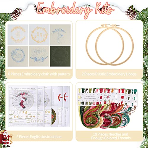 Canlierr 6 Sets Christmas Embroidery Kit with Pattern and Instructions Embroidery Starter Pattern Hoop Colored Threads Needlepoint Kit for Beginners Adults Supplies(Wreath Style)