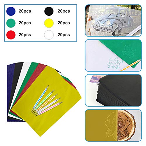 120 pcs Transfer Paper Carbon Tracing Paper Carbon Water-Soluble Transfer Paper for Transfer Pattern on Fabric,Wood,Cross Stitch Cloth,Paper, Hand Painting with 5 pcs Embossing Stylus(A4,6 Color)