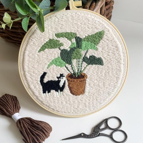 Myfelicity Punch Needle Kit for Adults, Beginners, Cat and Greenery Patterns, Includes Punching Needle Supplies - color: Cat