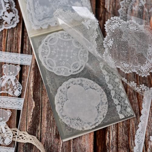 Lace Stickers for Scrapbooking, 30 Sheets Scrapbook Stickers Book for Wedding Invitations, Bridal Scrapbook Supplies, Transparent PET Stickers for Junk Journaling, Girl's Dream Themed - color: Girlish Dream Lace