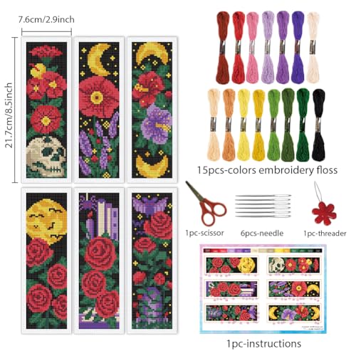 INFUNLY 6pcs Gothic Rose Cross Stitch Bookmark Kits for Adults Bat Skull DIY Cross Stitch Kit with Instructions Pre-Printed Moon Flowers Stamped Embroidery Bookmark Kit for Book Lovers Readers Gift - style: Gothic Rose