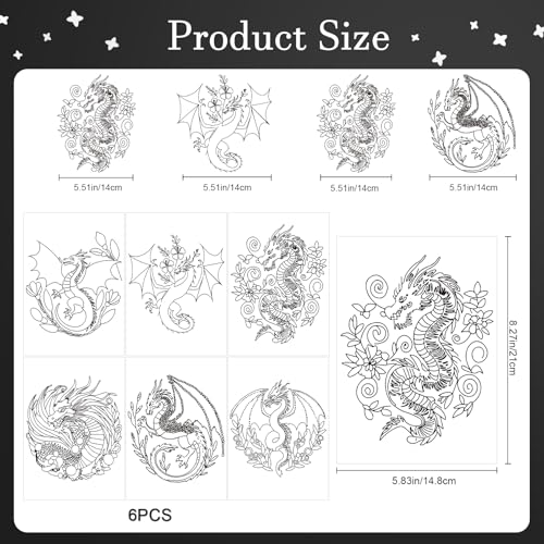 Rngmsi Water Soluble Embroidery Patterns - 6 Sheets Dragon Theme Stick and Stitch Embroidery Paper Designs, Fantastic Dragon Wash Away Transfer Paper Stabilizers for Hand Sewing Lovers