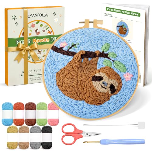 CYANFOUR Punch Needle Kit for Beginners, Sloth Punch Needle Kits Adults, Craft Kits for Adults with 2 Pre-Printed Fabrics, Embroidery Hoop, Threads, DIY Gift and Home Decor 20 * 20cm - color: Sloth
