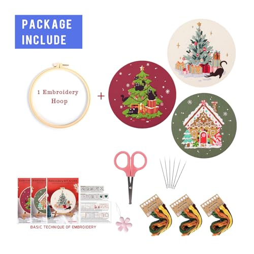 LB Christmas Embroidery Kit for Beginners Adults, 3 Sets Hand Embroidery Starter Kit with Black Cat Pattern and Instructions Stamped Cross Stitch Kits Include Embroidery Hoop Needles Threads Scissors - color: Red Black