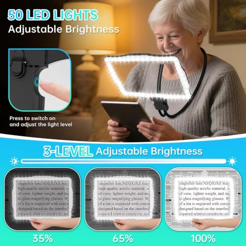 Large 10X Magnifying Glass with Light, Hands Free Magnifying Glass for Reading, Full Book Page Magnifier with 50 LED Lights, Flexible Gooseneck Magnifiers for Seniors Low Vision, Black 10.6 x 7.8in