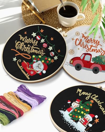 TINDTOP Christmas Embroidery Kit for Adult Beginners, 3 Sets Embroidery Stitch Practice kit Include Embroidery Cloth Hoops Threads for Craft Lover Hand Stitch - color: Christmas