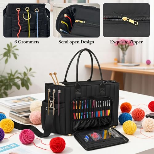 VERONLY Crochet Bag Yarn Storage, Large Knitting Tote with Padded Crochet Hook Organizer, Tote with Multiple Compartments for Crochet Lovers, Knitting Accessories, Unique Valentines Gifts for Her - color: Black02
