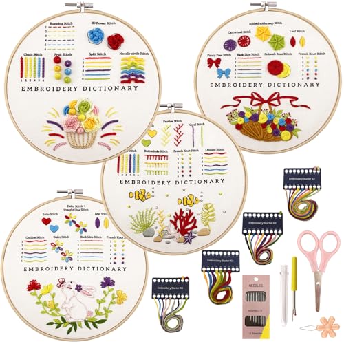 VIVIDOX 4 Sets Embroidery Kit for Beginners with Stitch Video, Cross Stitch Kits for Adults, Hand Craft Lover, Starters Easy Practice with Stamped Pattern, Hoop, Needles, Scissors, Tools & Instruction - color: Beginner Kit (with 1 Hoop)