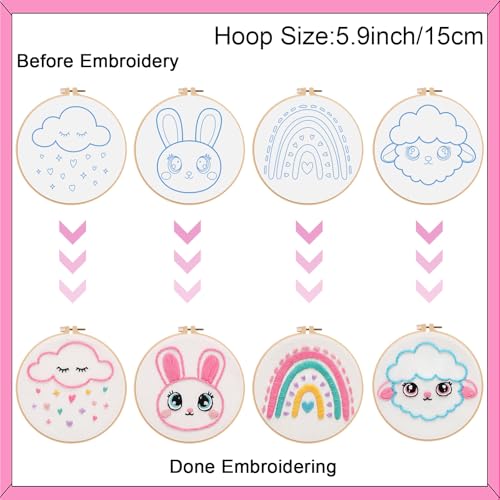 Louise Maelys Embroidery Kit for Beginners, 12 Packs Pre-Printed DIY Sewing Craft Kit,Kids Girls Cross Stitch Kit with Hoop, Threads, Needles and Scissors, Cute Animal & Cartoon Patterns, Ages 8+ - color: Kit-3