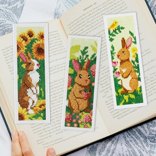 INFUNLY 6 Set Brown Rabbit DIY Cross Stitch Bookmark Kits for Adults Flowers Counted Cross Stitch Kit with Instructions Bunny Stamped Embroidery Bookmark Kit for Book Lovers Readers Gift - style: Rabbit