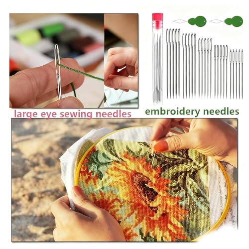 25 Pack Large Eye Needles for Hand Sewing & Embroidery – Big Eye Sewing Needles Assorted Sizes with 2 Needle Threaders, Sharp Steel Big Eye Embroidery Needles for Quilting and Crafts