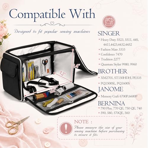 CAB55 XXL 23-Inch Rolling Sewing Machine Case with 4 Wheels, Extra Large Carrying Case for Professional Embroidery and Heavy Duty Sewing Machines with Bottom Support Board (Black) - color: Black