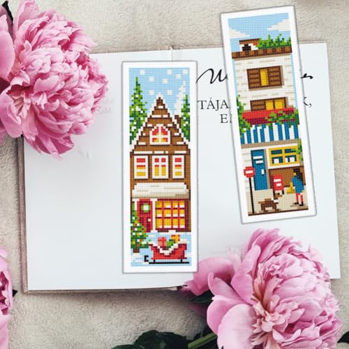 INFUNLY 6 Set DIY Cross Stitch Bookmark Kit Building House Cross Stitch Kits 8"x2.4" Pre-Printed Architectural Stamped Embroidery Bookmark Kit with Instructions for Beginners Book Lovers Adults Gift - style: 6pcs Building House