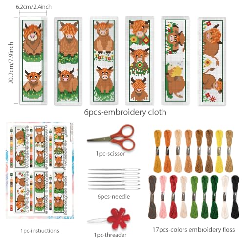 BEUNITONE 6 Pcs Highland Cow Cross Stitch Bookmark Kit for Beginner Stamped Embroidery Kit 8''2.4'' - style: Highland Cattle