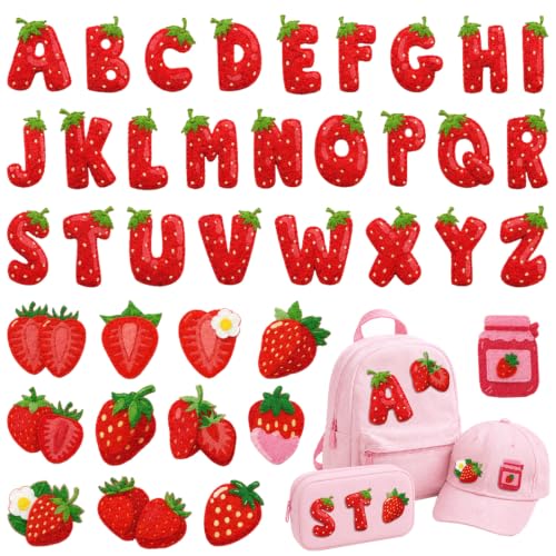Cinrobiye 38 Pcs Strawberry Patches Self Adhesive Cute Sweet Strawberry A to Z Alphabet Applique Preppy Cute Chenille Letter Patches Stick on for Clothing Hats Bags Fabric DIY Crafts - style: Strawberry
