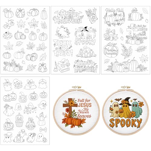 Rngmsi Water Soluble Embroidery Patterns - 4 Sheets Halloween and Fall Stick and Stitch Embroidery Designs, Autumn Pumpkin Ghost Theme Wash Away Transfer Paper Stabilizers for Hand Sewing - color: Halloween Fall