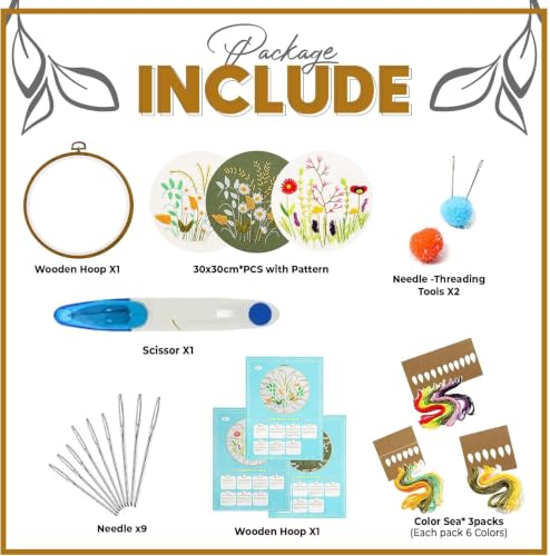 ATTERET 3 in 1 Floral Embroidery Starter Kit with Patterns, Hoops, Threads - style: Floral Embroidery Kit 2