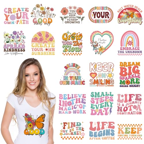 Dazoratix Groovy Iron on Transfers - 20 Sheets Inspirational Heat Transfer Vinyl Stickers Flower Decals Ready to Press for T-Shirts Clothing Patches Hat Pillow Appliques DIY Crafts Clothes Decorations - style: Groovy-20PCs