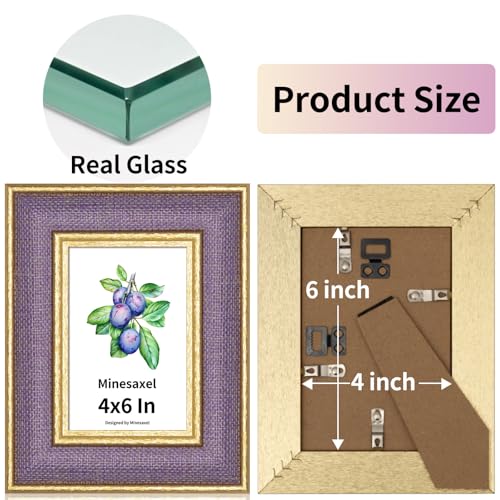 4x6 Picture Frame - Lavender Purple Fabric & Vintage Gold Border HD Real Glass with Easel for Tabletop/Wall (Family Photos, Calm Decor 4 Pack) - color: Purple-4pcs, size: 4x6