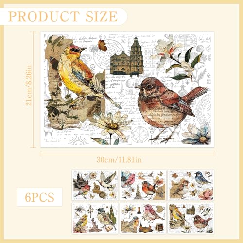 6 Pcs Vintage Letters & Birds Rub-On Transfers, 8 x 12 Inch - style: Vintage Bird Collage