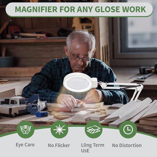 10X/20X Magnifying Glass with Light and Stand, LED Desk Magnifying lamp with Base and Clamp, 3 Color Mode, 10 Dimmable Levels Desktop Magnifier, Crafts Jewelry Sewing Close Work (White) - color: White
