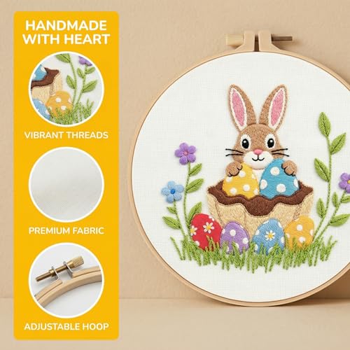 WaFtesh Embroidery Kits for Beginners Adult, DIY Hand Embroidery Cross Stitch Starter Set with Pattern, 3D Rabbit Needlepoint & Cross Stitch 7.9 Inch Hoop Threads, Needles, Instruction - color: Bunny-1