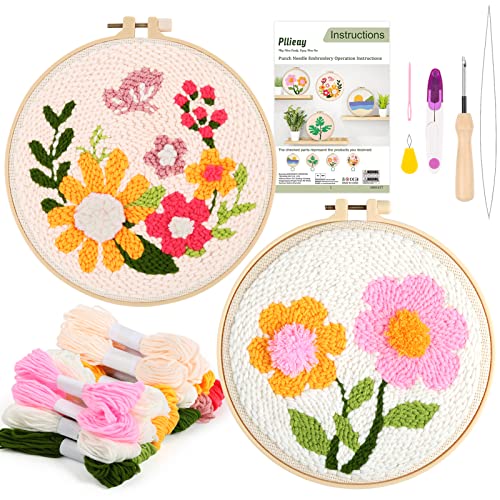 Pllieay 2 Set Punch Needle Embroidery Starter Kits Include Instructions, Punch Needle Fabric with Pattern, Yarns, Embroidery Hoops for Rug-Punch & Pinch Needle - size: 2 Style
