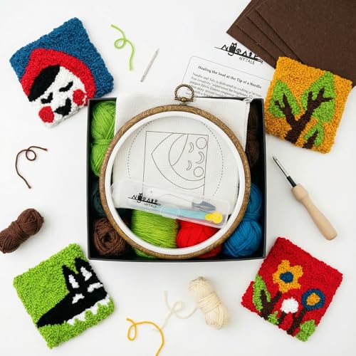 Nytale Punch Needle Kit for Beginners - DIY Coaster Rug Hooking Set (Little Red Riding Hood). Includes Non-Slip Rubber Hoop, Yarn, Tools & Video Guide. Fun Craft Gift Box (Set of 4) - color: Little Red, style: Modern