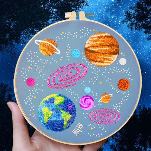 INFUNLY 4 Sets Astronaut Embroidery Kits for Beginners Space Cross Stitch Sets with Instructions Rockets Embroidery Starter Kits for Adults DIY Embroidery Needlepoint Kits Handmade Sewing Craft Sets - style: Space