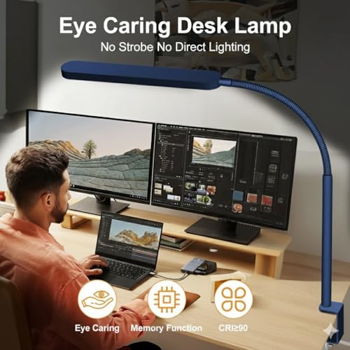SKYLEO LED Desk Lamp - Desk Light for Home Office - Flexible Gooseneck - 5 Color Modes X 11 Brightness Levels - 1300LM - Timmer & Memory Function - 12W Clip on Light - Blue - style: Blue gooseneck